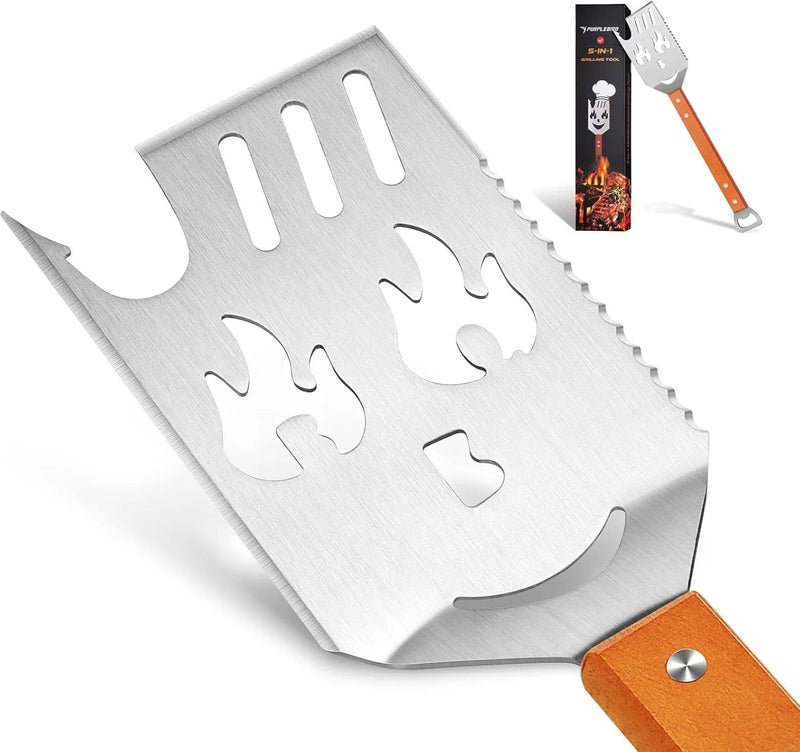 PURPLEBIRD Grill Spatula for Outdoor Grill, 5 in 1 Grilling Tools 16" Long BBQ Spatula with Wooden Handle, Father's Gift, for Men, for Dad - Image 1